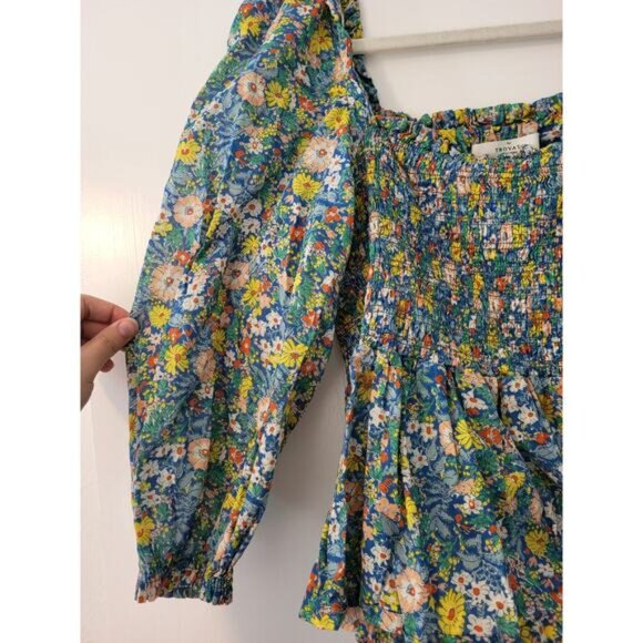 Birds of Paradise Trovata Floral Smock Blouse Medium 100% Cotton Puff Sleeve Top - Picture 4 of 5